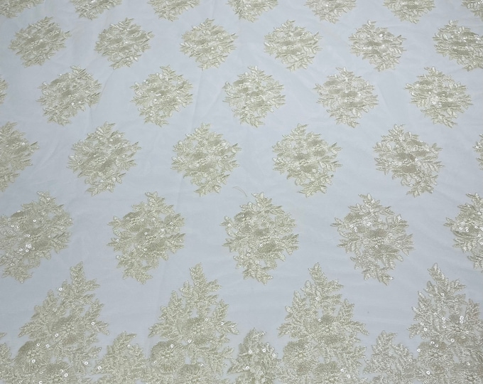 Ivory/cream Lace Fabric - by yard - Corded Flower Embroidery With Sequins on a Mesh Lace Fabric For Wedding-Bridal-Dress