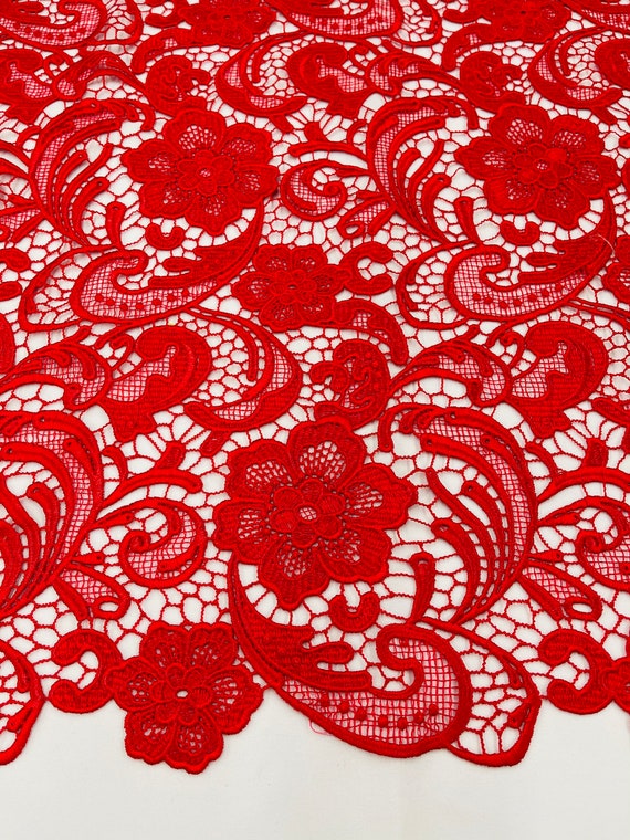 Mia Fabrics Inc, Red Guipure Lace Fabric Floral Bridal Lace