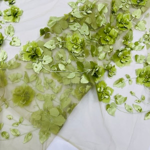Emily 3-D Floral Design Embroider with Pearls On A Mesh Lace Fabric (1 Yard, Kelly Green) main image 1