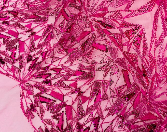 Fuchsia Beaded Fabric By The Yard, Luxury Geometric Design Beads and Sequins, Beaded Fabric Embroidered on a Mesh Lace,Wedding,Bridal,Dress