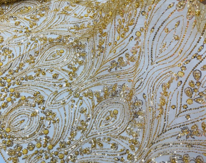 Gold Fashion Design Beads and Sequins, Luxury Beaded Fabric Embroidered on a Mesh Lace,Wedding,Bridal,Dress Sold By The Yard