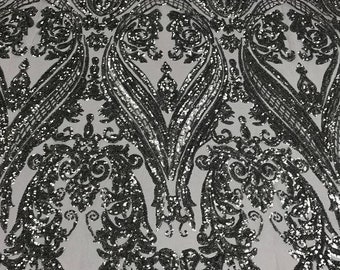 Silber Pailletten Damast Design - 4 Way Stretch Pailletten Stoff Spandex Mesh-Abschlussball-Kleid Bulk stock
