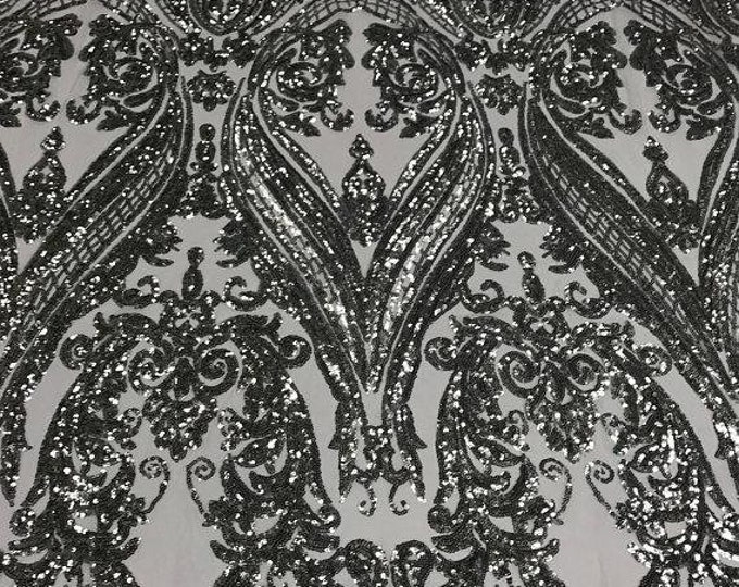 Silver Sequin Damask Design - 4 Way Stretch Sequin Fabric Spandex Mesh-Prom-Gown By The Yard