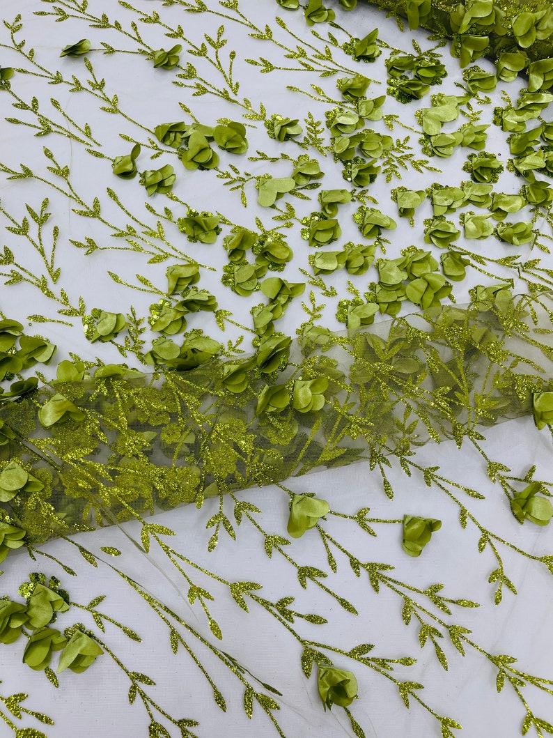 Olive 3D Flower Glitter Sequin Fabric by the Yard, Olive 3D Floral ...