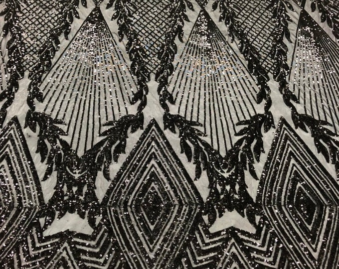 Black Sequins Fabric - 4 Way Stretch Geometric Diamond Design on Mesh Fabric for Prom Gala Gown By The Yard