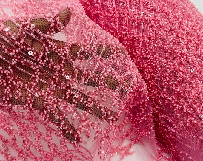 Candy Beaded Fabric by the yard, Bridal Heavy beaded, Damask Pattern With Beads and Sequin, Appliqué lace for bridals,weddings,prom dress.