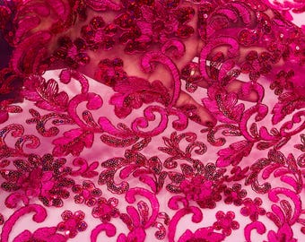 Fuchsia Metallic Corded Flower Lace Fabric by the yard: Embroider With Holographic Sequins Fabric
