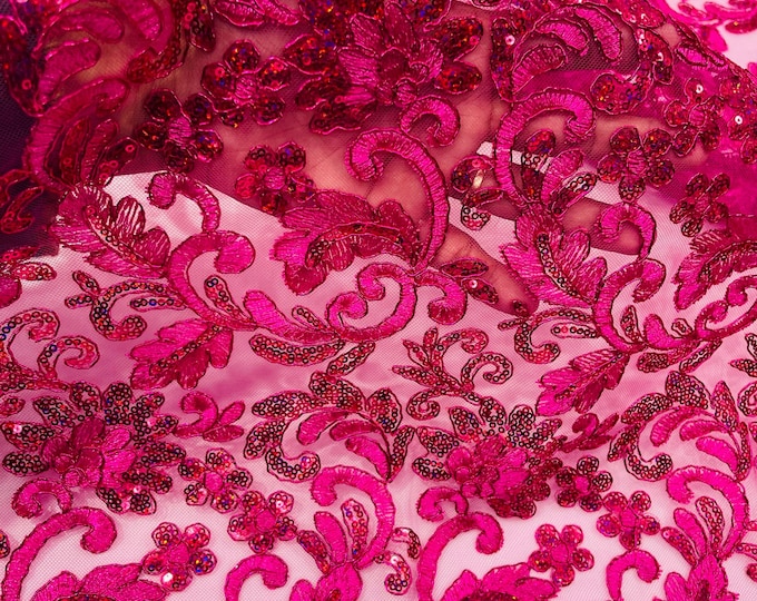 Fuchsia Metallic Corded Flower Lace Fabric by the yard: Embroider With Holographic Sequins Fabric