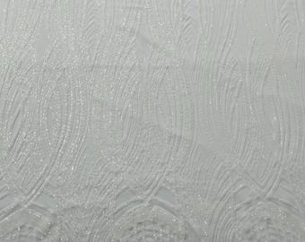 White Sequins Fabric | 4 Way Stretch Fancy Big Damask Design Sequins on Spandex Mesh Prom Gala Gown Fabric By The Yard
