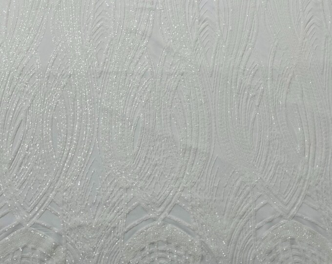 White Sequins Fabric | 4 Way Stretch Fancy Big Damask Design Sequins on Spandex Mesh Prom Gala Gown Fabric By The Yard