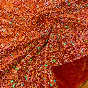 Orange Iridescent Sequin Velvet Fabric: 2-Way Stretch, 5mm Sequins