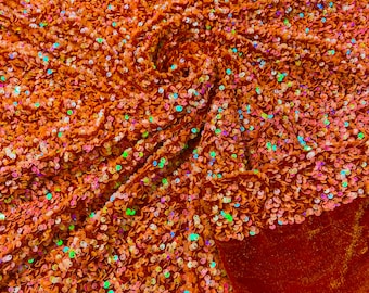 Orange Iridescent Sequin Velvet Fabric: 2-Way Stretch, 5mm Sequins