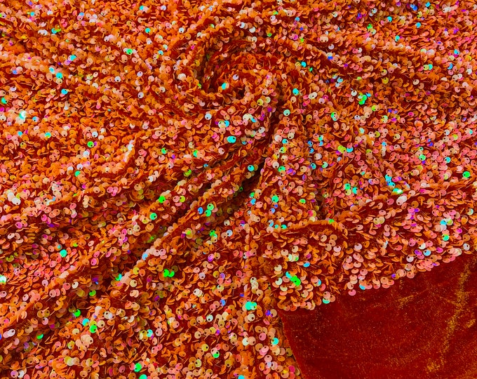 New Orange Iridescent Sequin Velvet on Orange 2 Way Stretch Velvet With Luxury Sequins all Over 5mm Shining Sequins