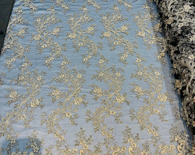 Gold Lace - Floral Lace Fabric, Embroidery With Sequins on a Mesh Lace Fabric By The Yard For Gown, Wedding-Bridal (Choose The Quantity)