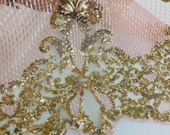 Gold & Pink Damask Lace Fabric: Sequined Flower Embroidery