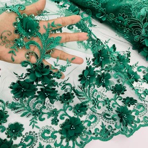 Hunter Green 3D Chiffon Flower Lace Fabric: Beaded Embroidered Mesh, Bridal Wedding Dress