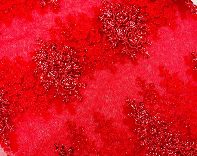 Red Embroidery Beaded Fabric With Sequin on a Mesh, JP Desing Beaded Fabric Floral Bridal Lace Fabric by the yard