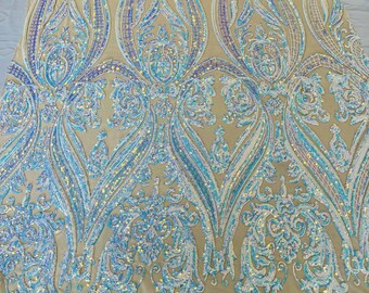 Aqua/Blue Iridescent Sequins - 4 Way Stretch Fancy Big Damask Design Sequins on Spandex Mesh Prom Gala Gown Fabric By The Yard