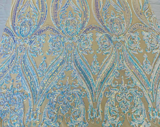 Aqua/Blue Iridescent Sequins - 4 Way Stretch Fancy Big Damask Design Sequins on Spandex Mesh Prom Gala Gown Fabric By The Yard