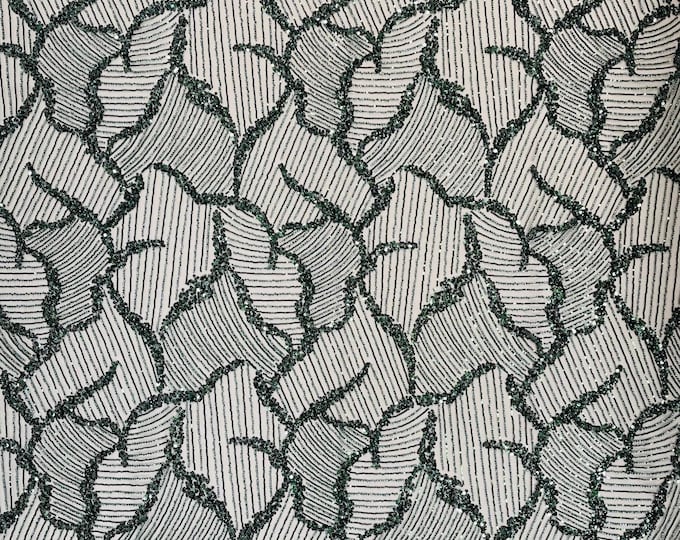 Hunter Green Beaded Fabric by the yard, Bridal beaded, Damask Pattern With Beads and Sequin, Appliqué lace for bridals,weddings,prom dress