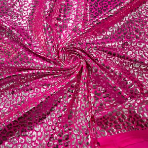 Hot Pink/Silver Metallic Cheetah Design Nylon Spandex, Metallic Print Cheetah Foil 4 Way Stretch 58/60” Sold By The Yard