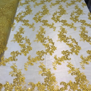 Yellow Floral Lace Fabric, Embroidery With Sequins on a Mesh Lace Fabric By The Yard For Gown, Wedding-Bridal