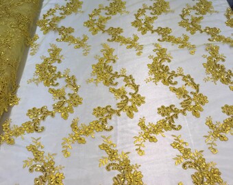 Yellow Floral Sequined Lace Fabric, Embroidered Mesh, Bridal Gown By The Yard