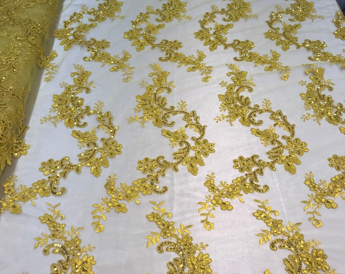 Yellow Floral Lace Fabric, Embroidery With Sequins on a Mesh Lace Fabric By The Yard For Gown, Wedding-Bridal