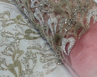 Pink Beaded Leaf Fabric – Embroidered Bridal Mesh, Wedding Gown Material