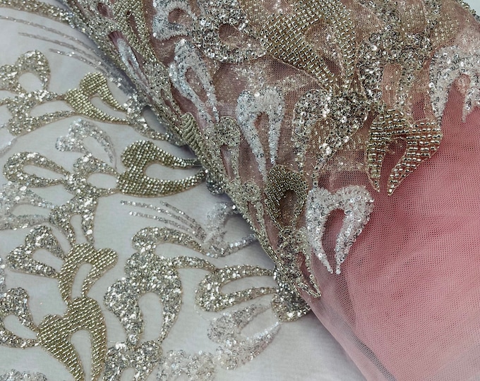 4 Yards Clear on Pink Beaded Lines Leaf Pattern Beaded Fabric - Embroidered Line Beaded On Pink Mesh, Wedding Bridal Fabric