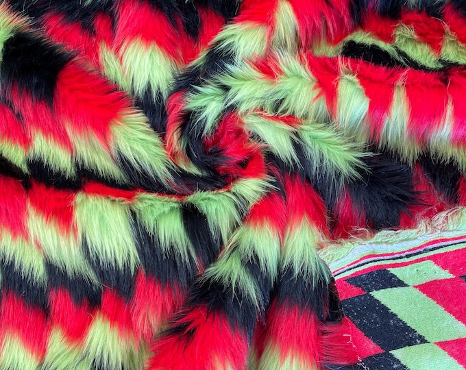 Red Black Lime Green Faux Fur Fabric By The Yard - Faux Fake 3 Tone Decoration Soft Furry Fabric 60" Wide