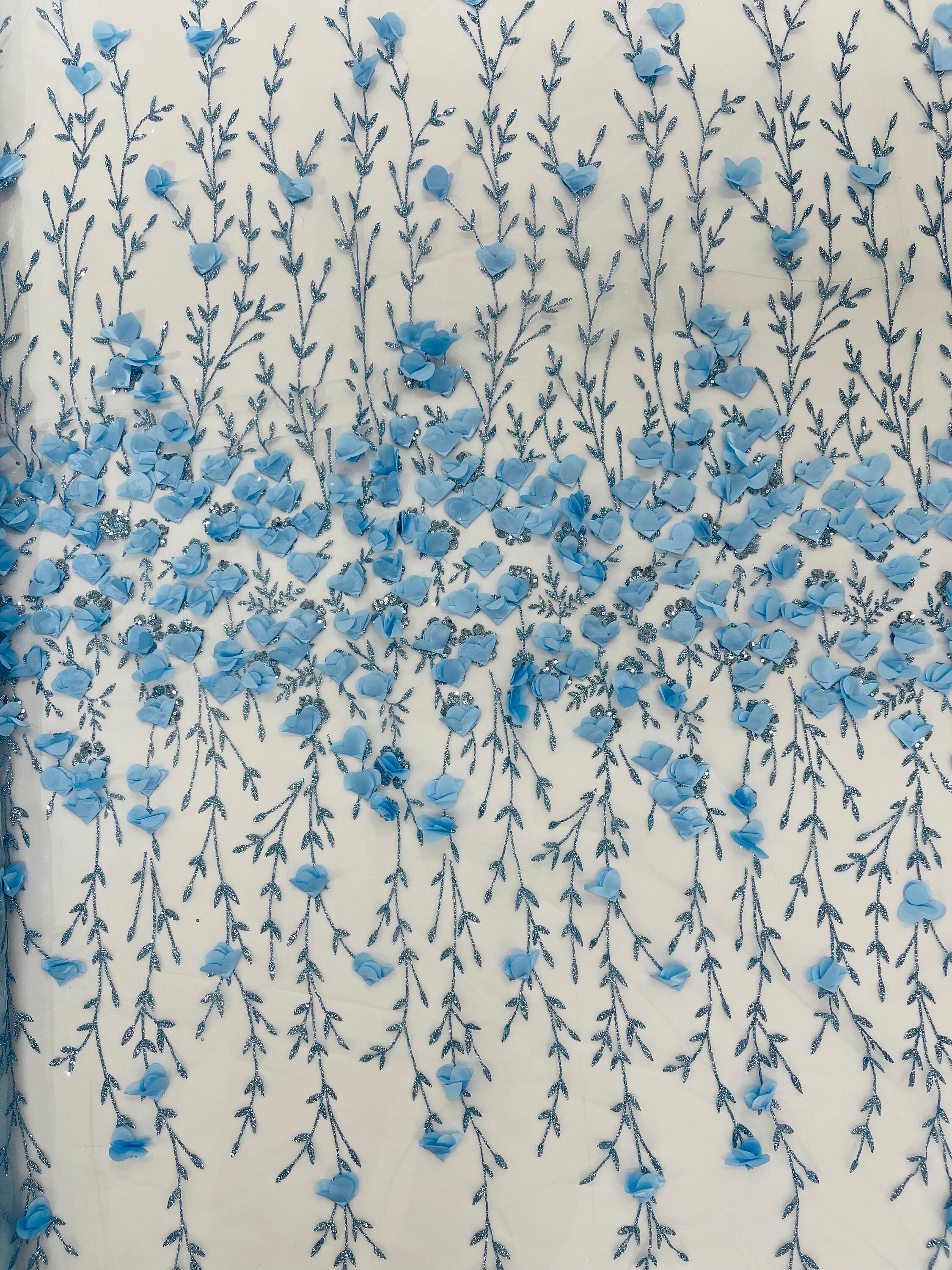 Baby Blue 3D Flower Sequin Fabric, Glitter Floral Mesh, Wedding Dress ...