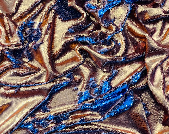 Matte orange/Sky Blue Sequins Fabric: 2-Way Stretch Flip-Up Reversible Sequin