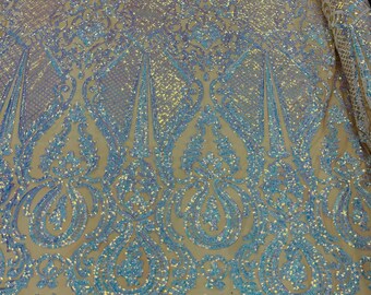 Sequin Fabric on Mesh: Damask Design, 4-Way Stretch - By The Yard