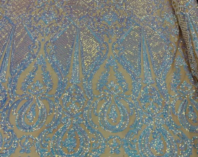 Sequin Fabric on Mesh: Damask Design, 4-Way Stretch - By The Yard