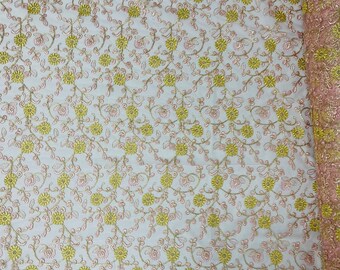 Embroidered Floral Lace Fabric: Metallic Gold Flowers on Pink Tulle