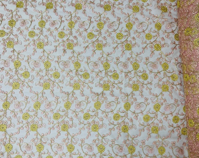 Metallic Gold Flowers With Pink Leaves Embroidered on Pink Tulle, Corded Lace Fabric by the yard - Multi Colors Floral Design (Pick a Size)