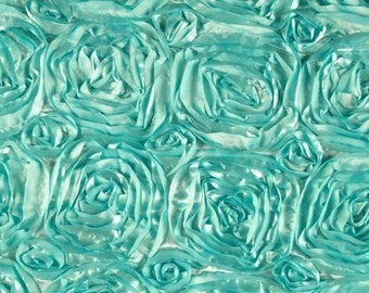 Mint Rosette Satin Fabric: 3D Floral Ribbon (54" Wide)