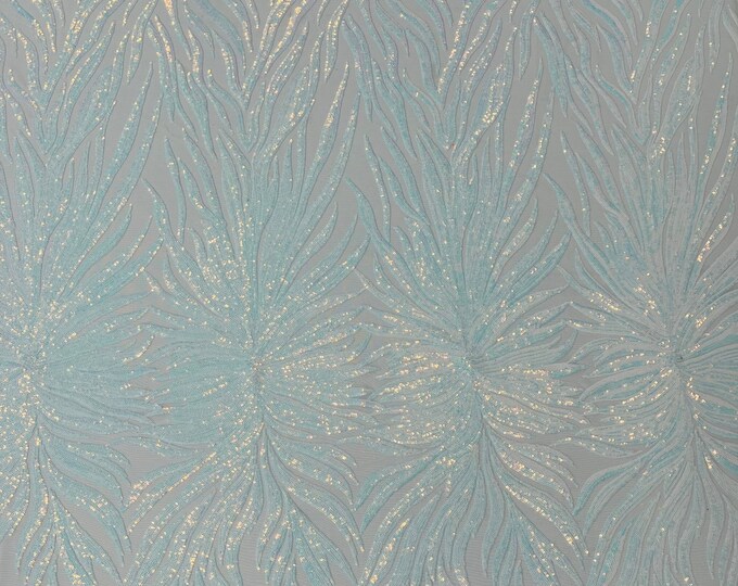 Blue/White Iridescent Sequin, White Mesh - 4 Way Stretch Phoenix Wing Sequin Spandex Mesh Fabric for Prom Gala Gown Sold By Yard