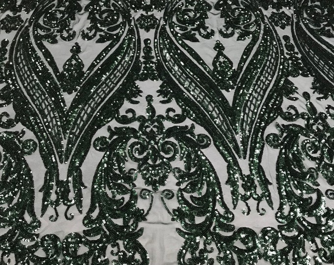 Hunter Green Sequin Damask Design - 4 Way Stretch Sequin Fabric Spandex Mesh-Prom-Gown By The Yard