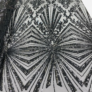 Black Geometric Sequins Lace Fabric, Embroidered Mesh, Prom Gown Fabric
