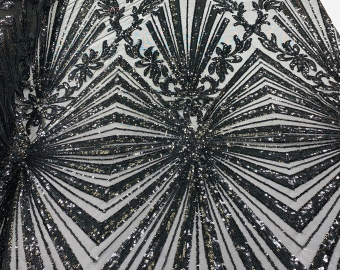 Black Sequins Lace Fabric On a Mesh, Geometric Design Embroidered On 4 way Stretch Sequin By The Yard -Prom-Gown ( Choose The Size )