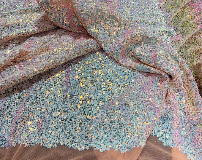 Iridescent Unicorn Mini Glitz Sequins on Blush Spandex Mesh,4Way Stretch Sequin Fabric Dresses-Nightgowns-Prom Gown (Choose The Size)