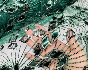 Hunter Green Sequins Fabric, Embroidered Sequin Beaded Fabric By The Yard, Geometric Design Beaded Sequins on a Mesh For Wedding/Bridal/Prom