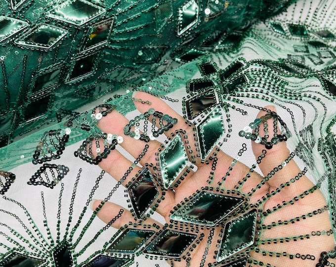 Hunter Green Sequins Fabric, Embroidered Sequin Beaded Fabric By The Yard, Geometric Design Beaded Sequins on a Mesh For Wedding/Bridal/Prom