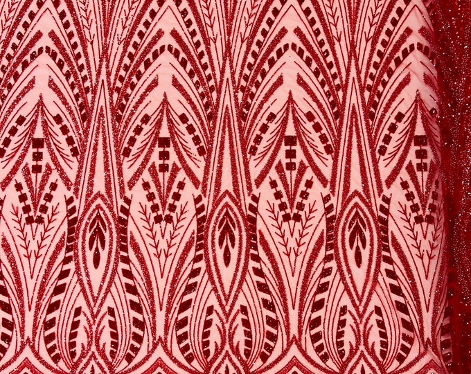 Red Wedding Beaded Fabric Sold By The Yard - Embroidered Beaded Wedding Bridal Fabric