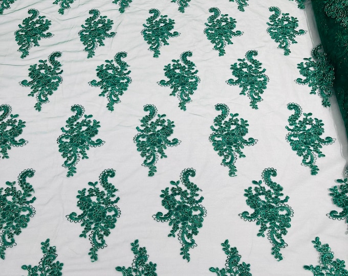 Hunter Green Metallic Floral Lace Fabric, Embroidery With Sequins on a Mesh Lace Fabric For Wedding-Bridal By Yard