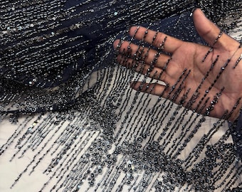 Navy Blue Beaded Fabric | Fashion Pattern With Beads and Sequin, Bridal Pearls Prom Dress