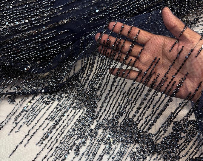 Navy Blue Beaded Fabric | Fashion Pattern With Beads and Sequin, Bridal Pearls Prom Dress
