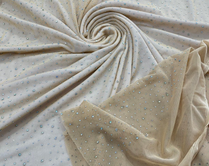 Champagne | AB Rhinestones Fabric On Power Mesh Polyester Spandex Fabric With Crystal Stones | AB Rhinestones Fabric sold by the yard